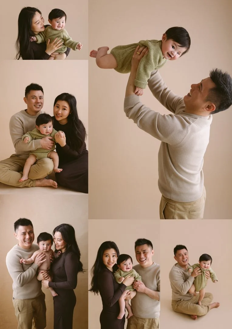 Multiple photos of a happy family with a young child, including parents and a woman, posing in various arrangements against a neutral background. The man is lifting the child, and the family is smiling and interacting warmly.