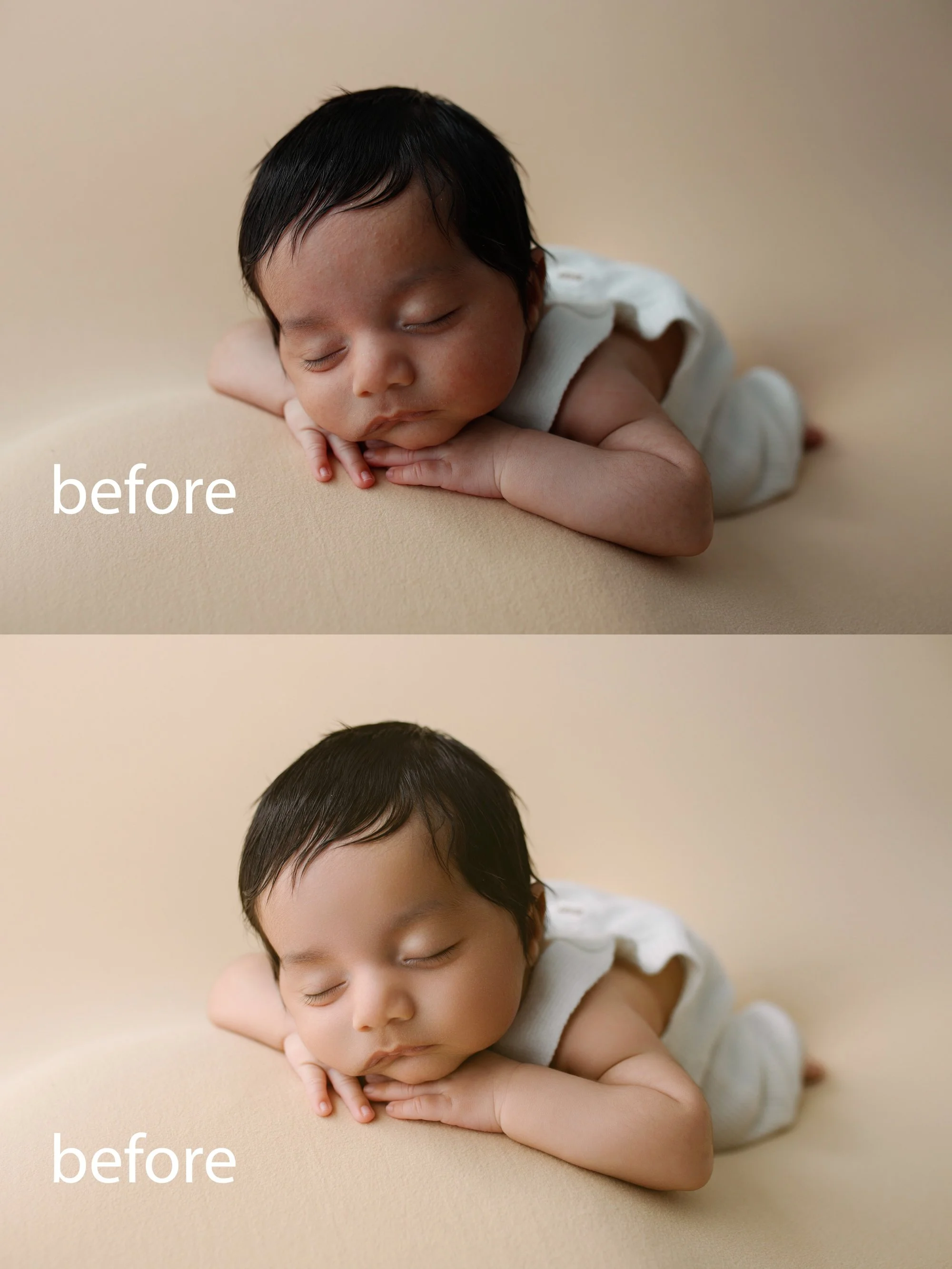 A side-by-side comparison of a sleeping baby with black hair, resting on a beige surface, in an 'after' and 'before' photo, both labeled 'before'.