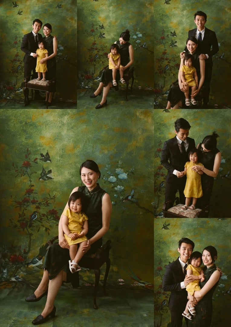 Multiple portraits of a family, including a man, a woman, and a young girl, against a painted green floral background with birds and flowers. The family members are dressed formally in black and yellow outfits, posing in different arrangements and settings.