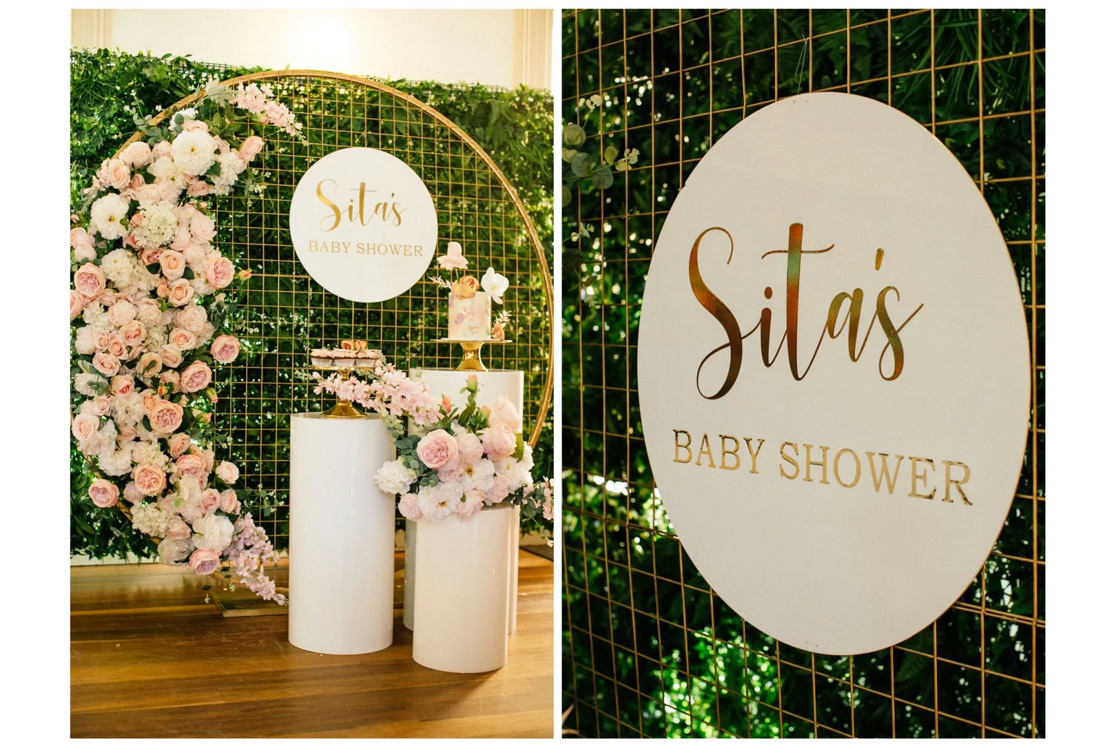 Decorative backdrop with a gold grid frame, pink and white flowers, and a circular sign reading 'Silas Baby Shower'. The setup includes white cylindrical pedestals with floral arrangements and a cake on a gold stand. A close-up shows the sign with gold lettering on a white oval background.