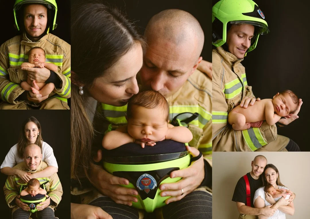 A firefighter in uniform and a green helmet holds a sleeping baby in various loving poses, including with a woman and a man, both also with a baby, against a dark background.