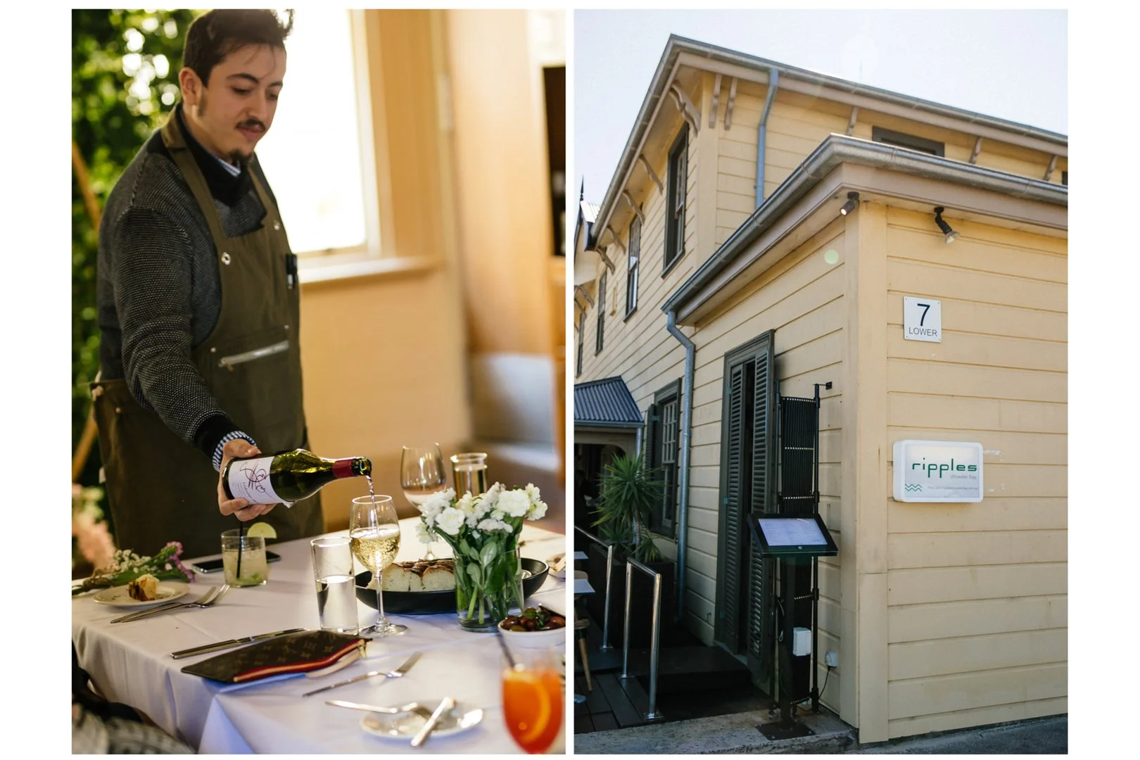 Left side: A man with a mustache and dark hair wearing a brown apron pouring white wine into glass on a dining table set with glasses, flowers, and food. Right side: The exterior of a yellow wooden building with black shutters, a sign that says "7 LO
