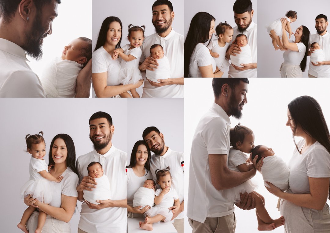 A multi-photo collage of a diverse family with two young children, including a newborn, posing together in a professional photo studio with white backgrounds. The family is shown smiling, playing, and holding the baby.