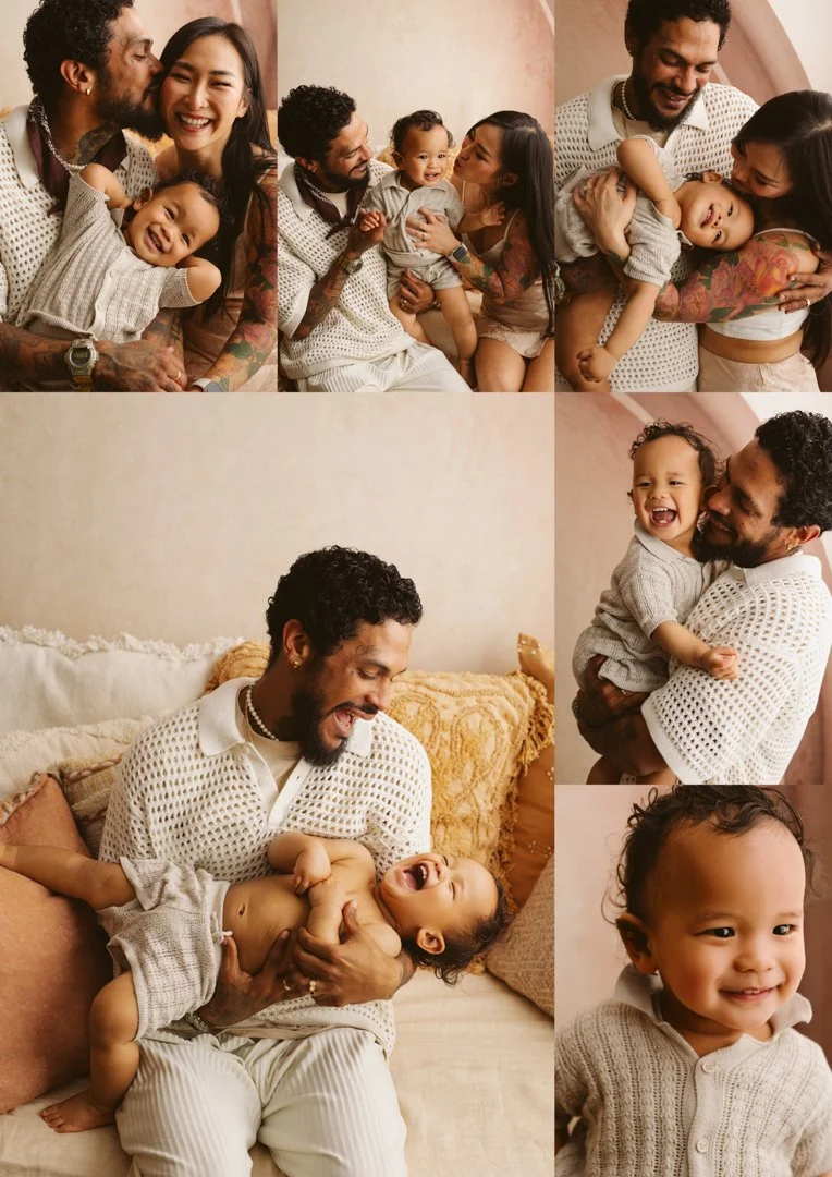 A collage of six photos of a joyful mixed-race family, including a father, mother, and their children, sharing tender moments and laughter at home.