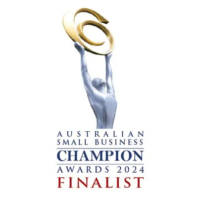 Logo for Australian Small Business Champion Awards 2024, with a figure holding a gold medal and text indicating finalist status.