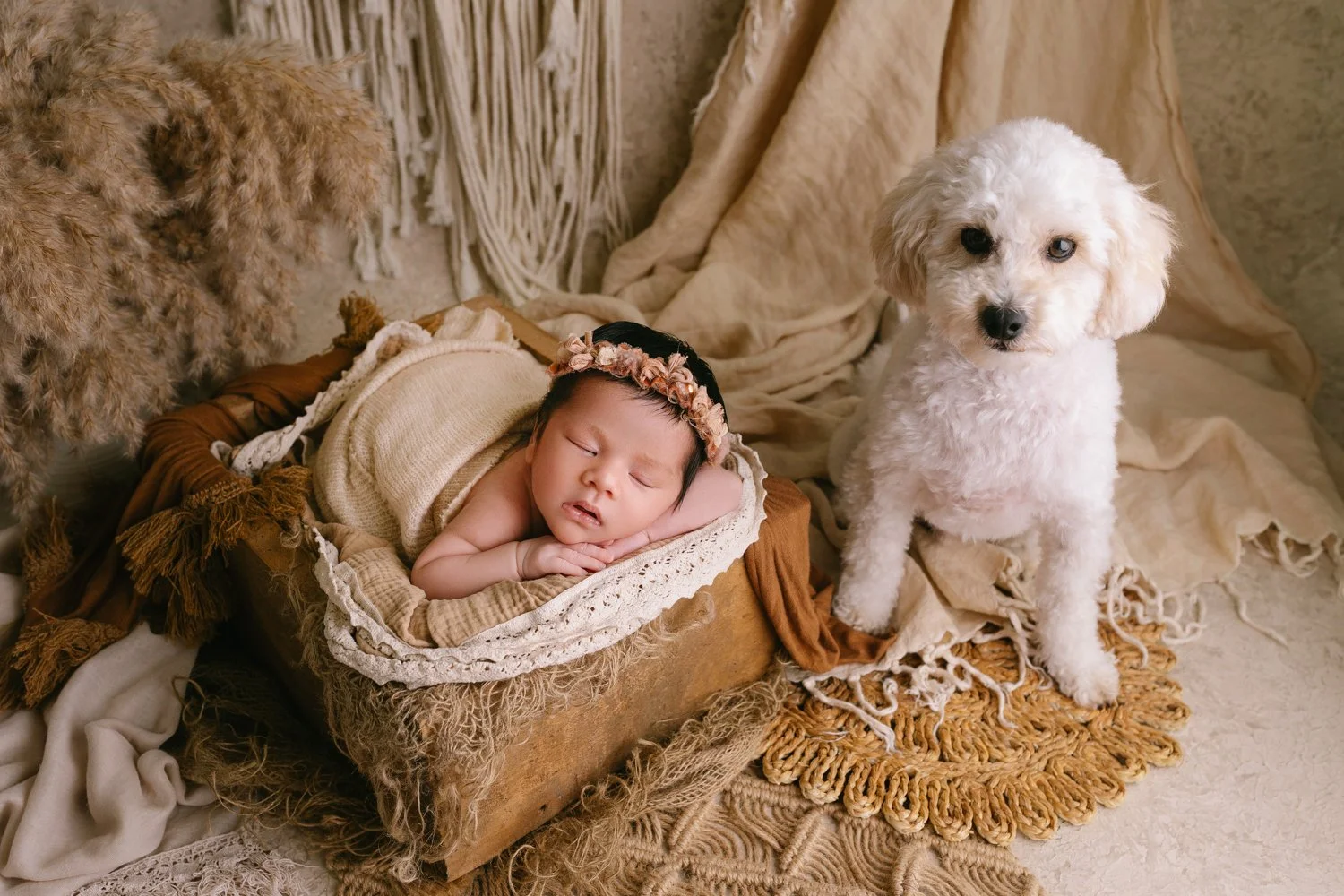 A sleeping baby lying on a blanket in a vintage wooden cradle with a floral headband, next to a white curly-haired puppy sitting on a round woven rug, surrounded by neutral-colored fabrics and textured décor items.