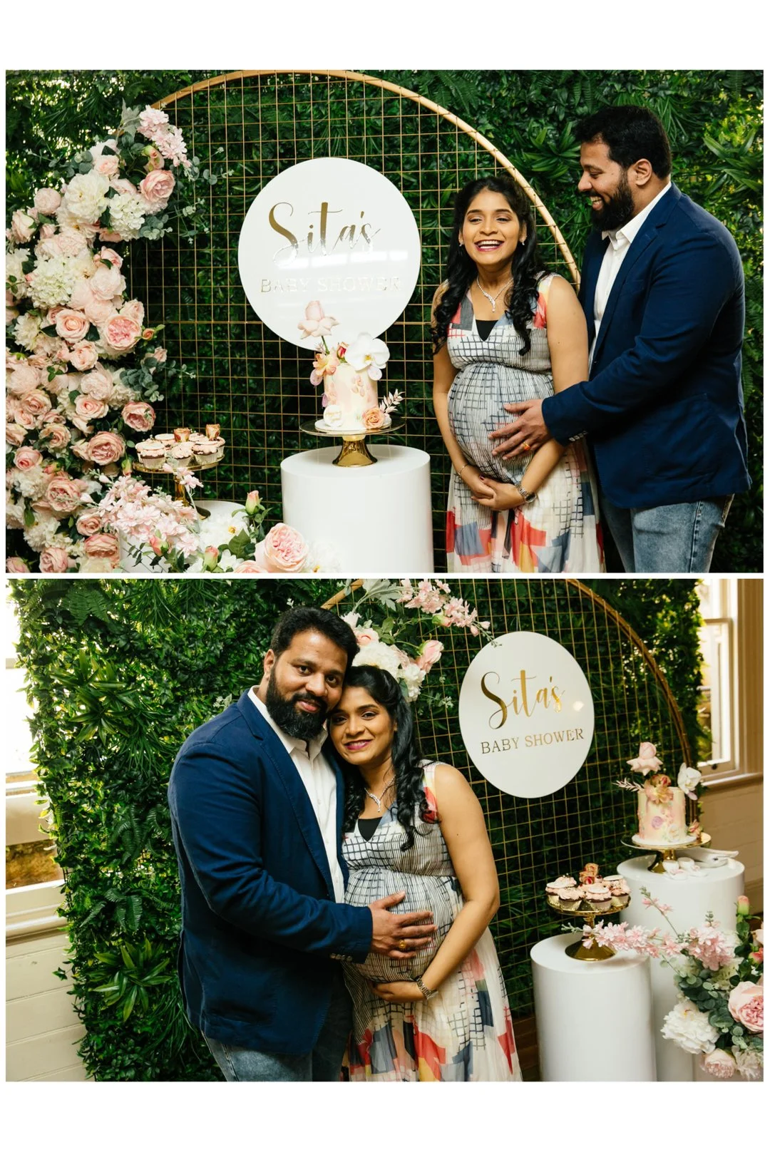 A pregnant woman and a man celebrating a baby shower named 'Sita's Baby Shower' with floral decorations, a cake, and dessert tables.