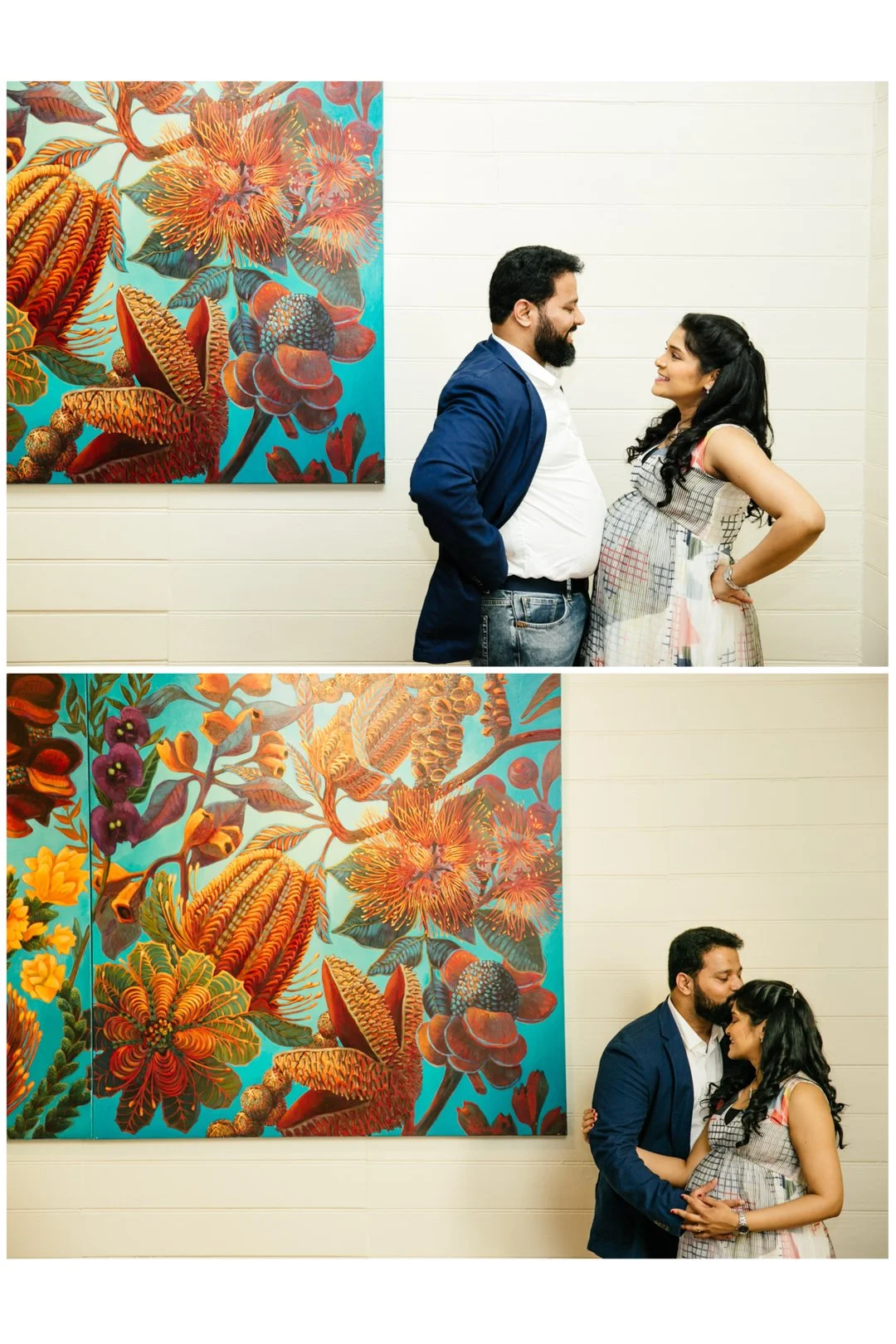 A couple standing in front of colorful floral artwork. The man is wearing a blue blazer and white shirt, and the woman is wearing a checkered dress. They are looking at each other and smiling, with the man in the first image looking at the woman and 