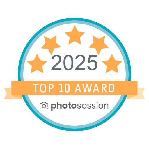 Badge with five gold stars, the year 2025, and a ribbon that says Top 10 Award; includes PhotoSession logo.