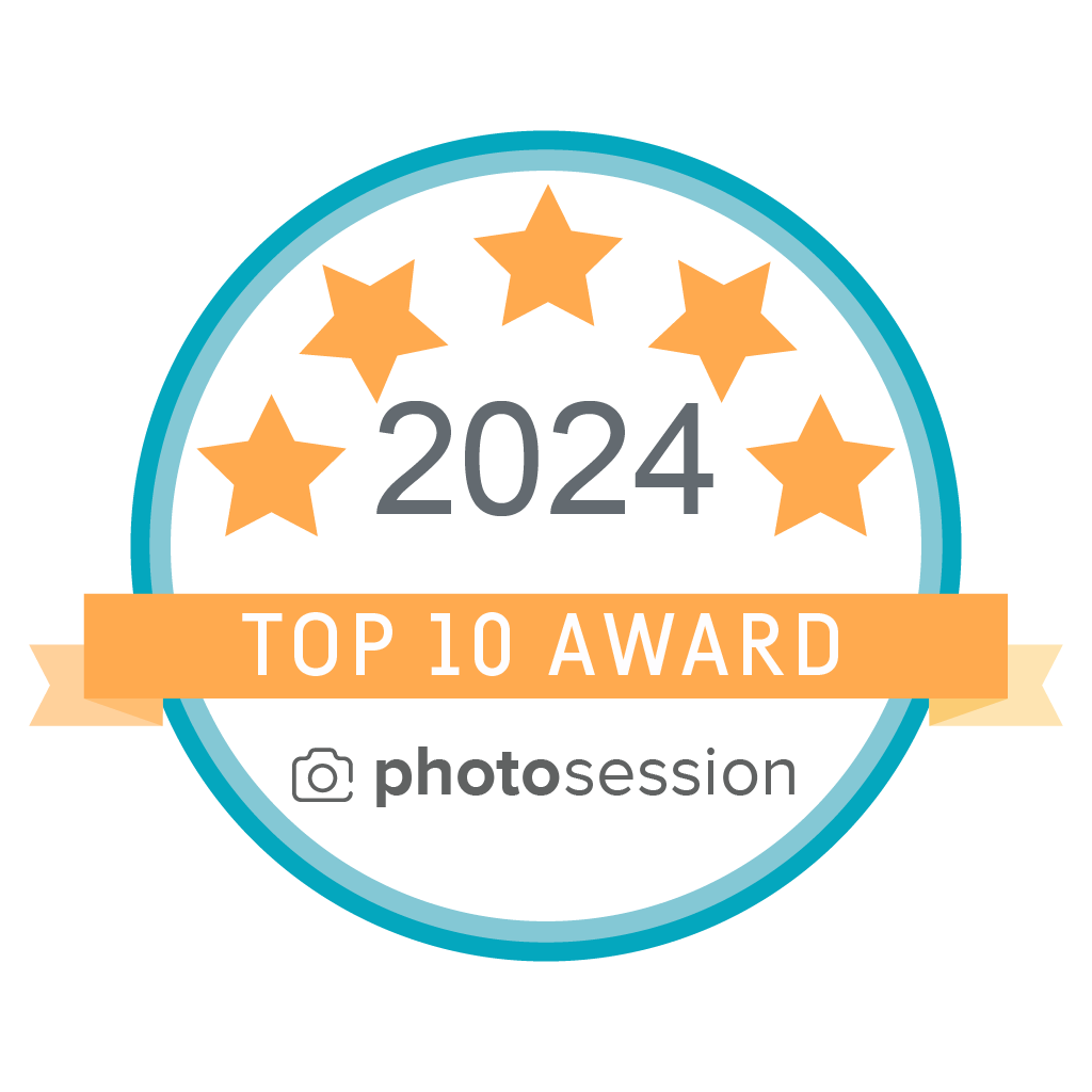 Badge with orange stars, text '2024 TOP 10 AWARD', and 'photosession' logo.