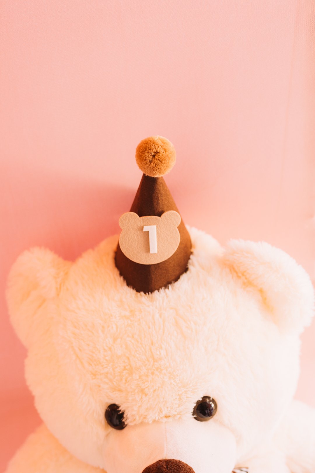 Close-up of a plush teddy bear wearing a brown party hat with a beige bear face and the number 1 on it, against a pink background.
