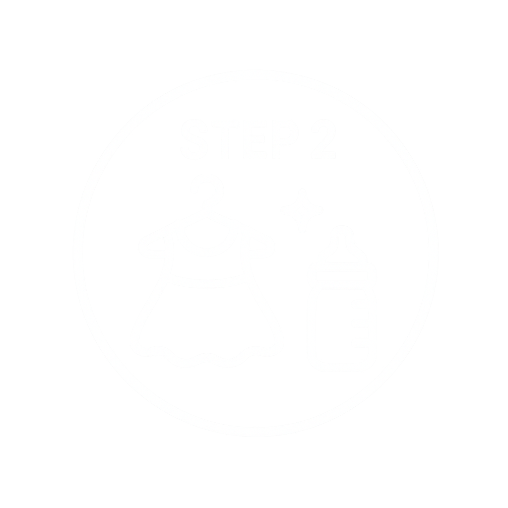 Step 2 icon with a dress, a baby bottle, and a star, indicating a clothing care or cleaning process.