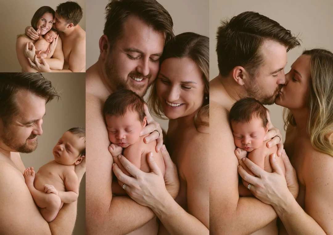 A collage of five photos showing a family with a newborn baby. In the top left, a woman and man hold a sleeping infant, smiling. In the bottom left, the man looks at the sleeping baby on his arm. In the center, the family cuddles together with the newborn, smiling. On the right, the couple kisses while holding the baby.