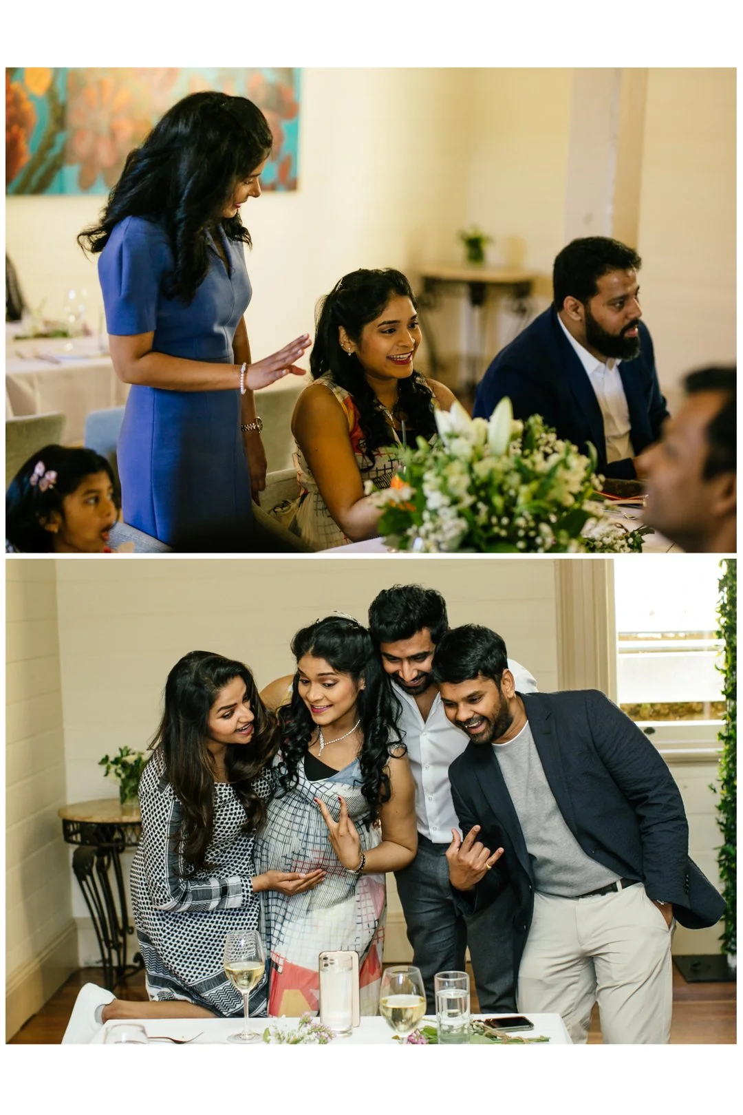 Two photos of people at a celebration, possibly a wedding. The first image shows a woman in a gray dress standing and smiling at a seated woman in a colorful dress, with another man beside her. The second image shows four people, three women and one 