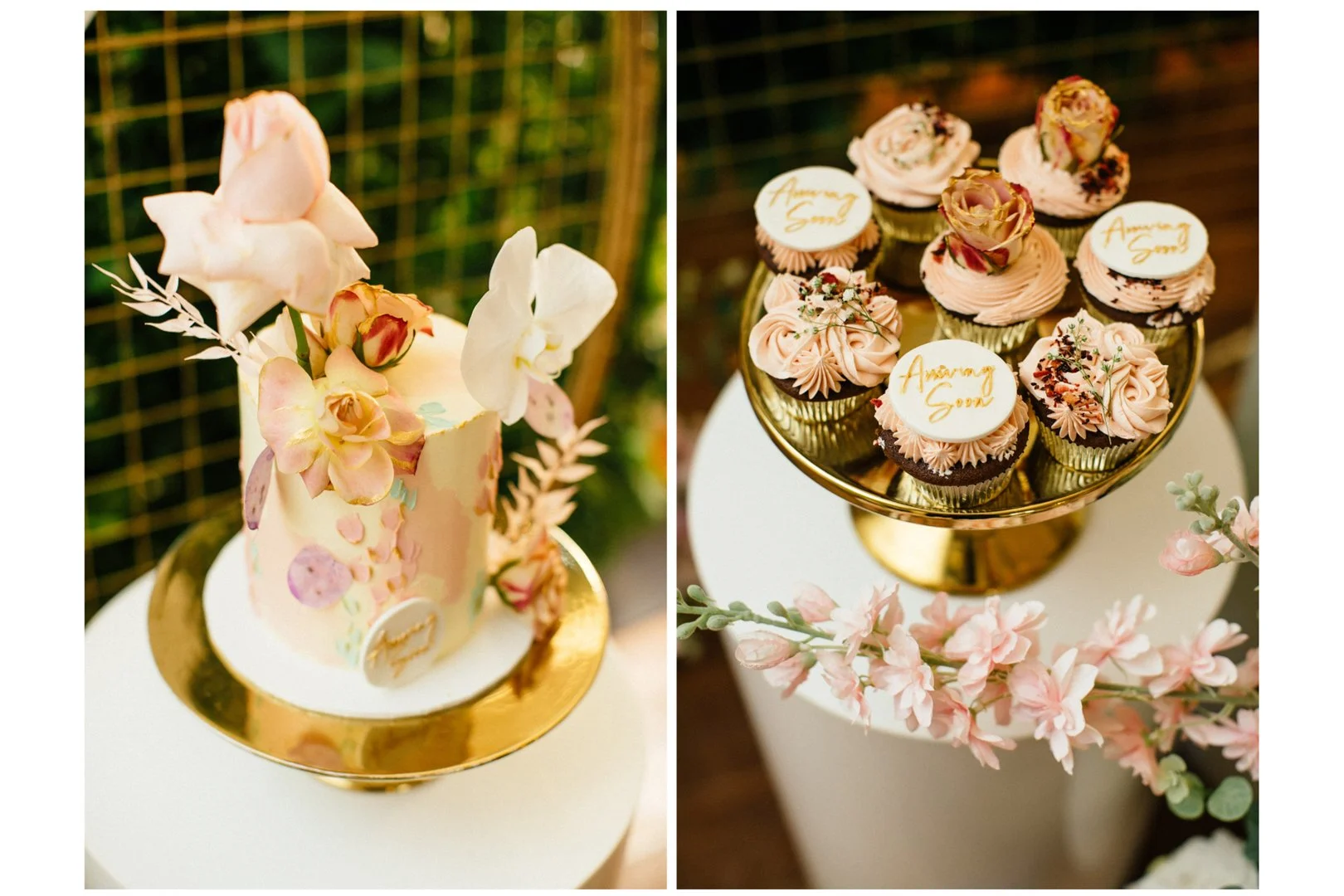 A wedding cake decorated with pink and white flowers on the left, and a display of cupcakes with pink frosting and floral decorations on the right, both on golden trays.