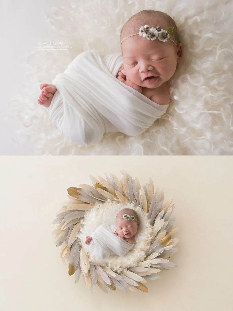 A newborn baby girl wrapped in a white blanket, lying on a fluffy cream-colored surface, wearing a flower headband. In the second image, she is swaddled in white and surrounded by a decorative wreath of feathers on a cream background.