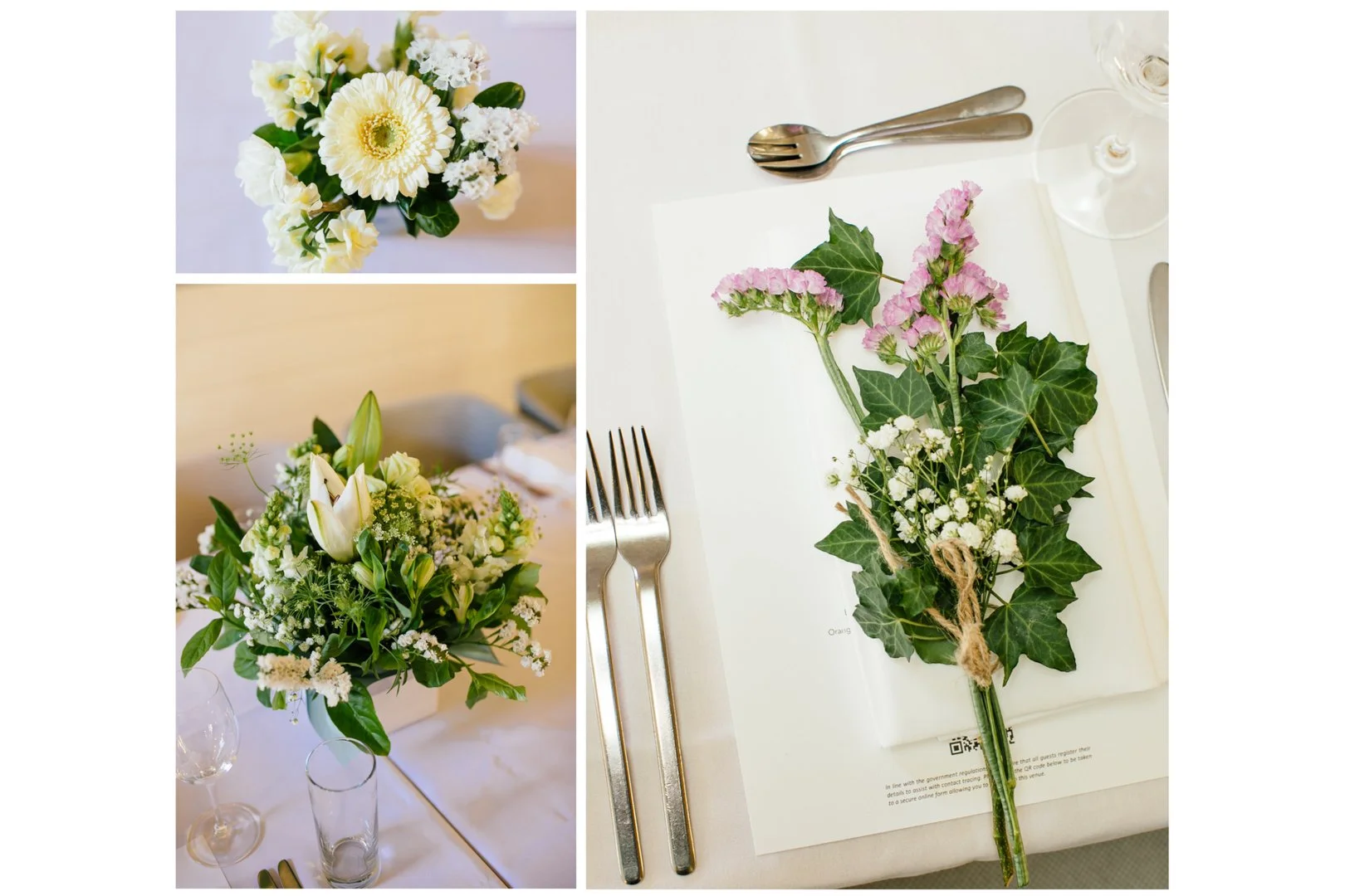 Three images of floral arrangements: top left shows a bouquet of white and yellow flowers; bottom left depicts a floral centerpiece with white lilies and roses; right side features a place setting with a sprig of holly, pink flowers and baby's breath