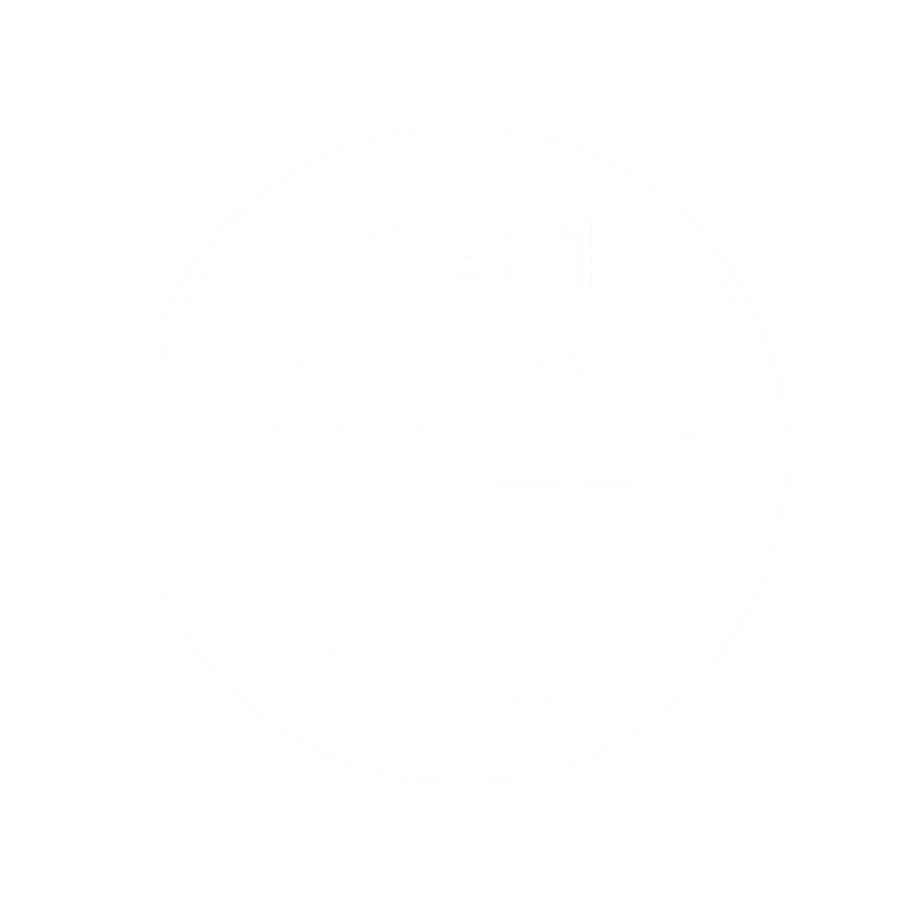 Step 1 icon with checklist on clipboard, checked boxes, and a tablet with a pen.
