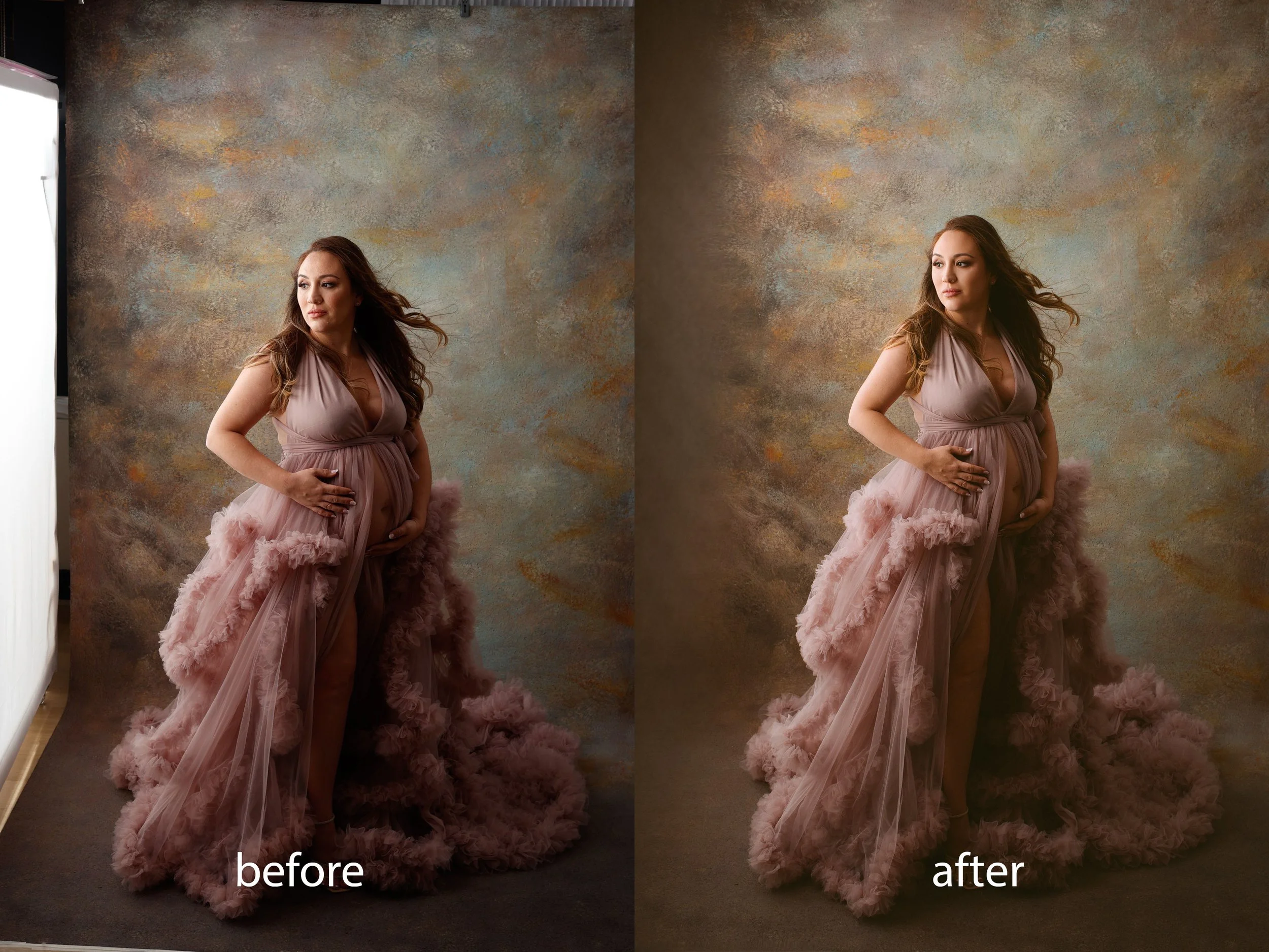 Comparison of a woman in a flowing pink gown standing in front of a textured background, showing before and after images. In the before image, her hair appears windblown, and the lighting is slightly darker. In the after image, her hair is more settled, and the lighting is brighter and more evenly distributed.
