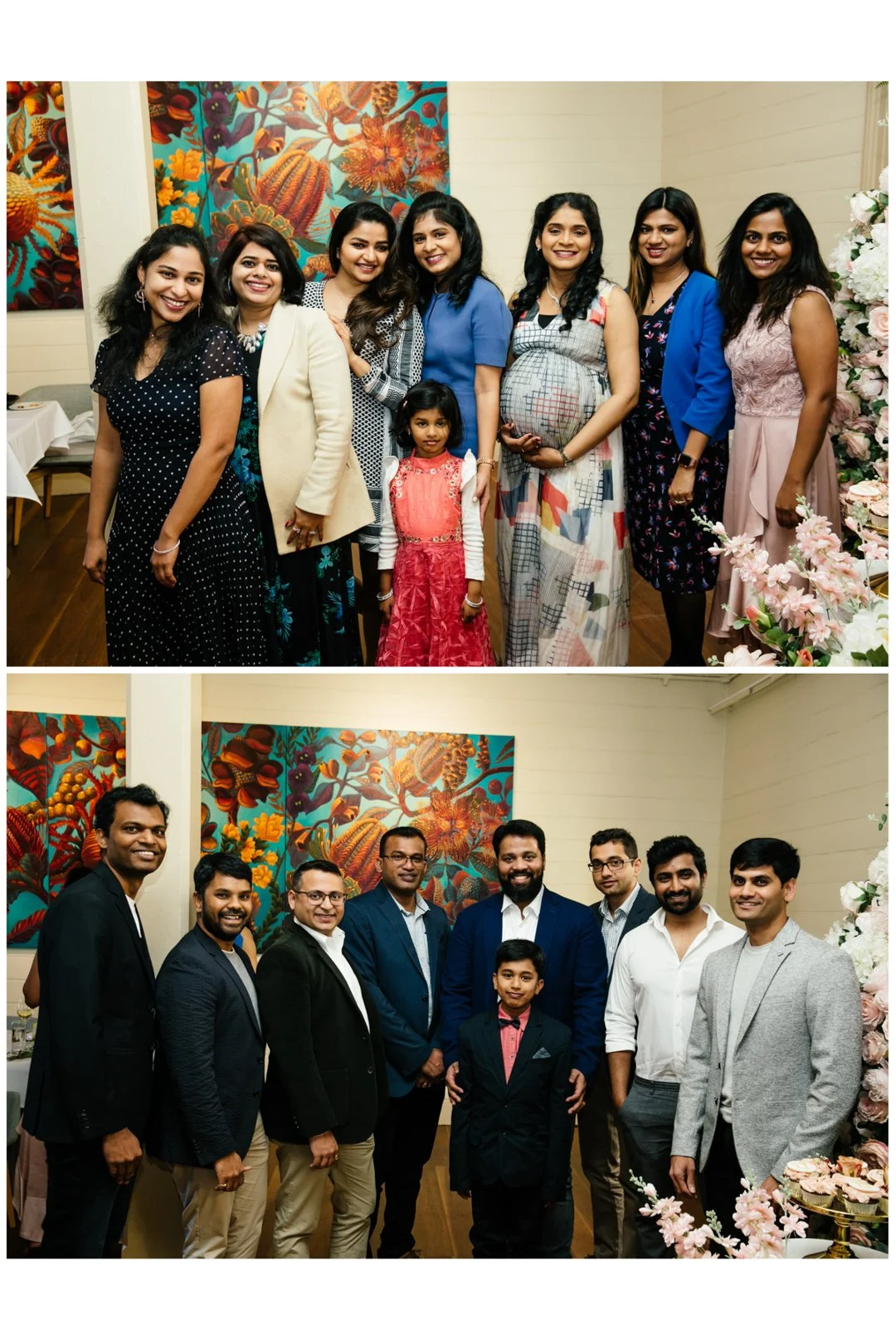Two groups of people, one group of women and one group of men, posing for photos at an event in front of colorful floral artwork and floral arrangements.