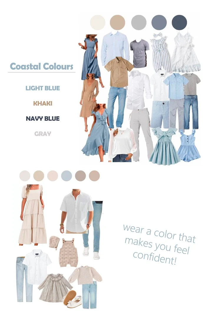 Array of clothing items in coastal colors such as light blue, khaki, navy blue, and gray, with models wearing dresses, shirts, and pants, alongside a color palette and text about choosing colors to boost confidence.