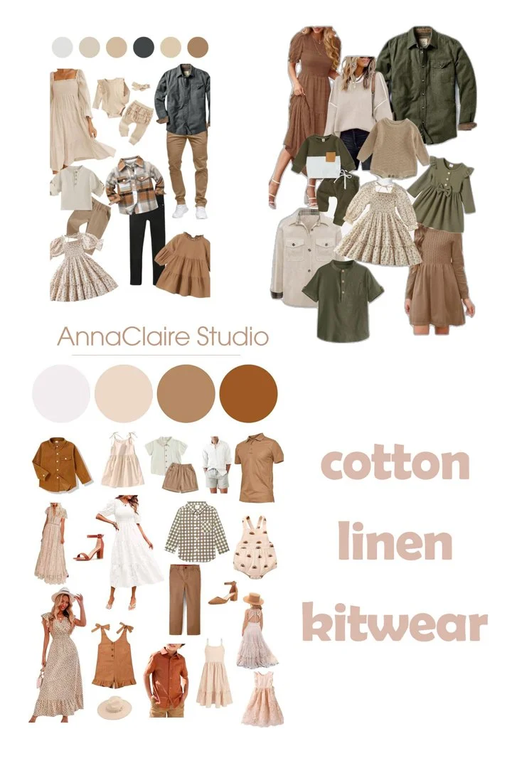 Collage of clothing items in neutral tones, including dresses, shirts, pants, and accessories for women and children, showcasing a soft color palette with beige, tan, brown, and cream shades. The image features the text 'AnnaClaire Studio' and words 'cotton', 'linen', 'kitwear'.