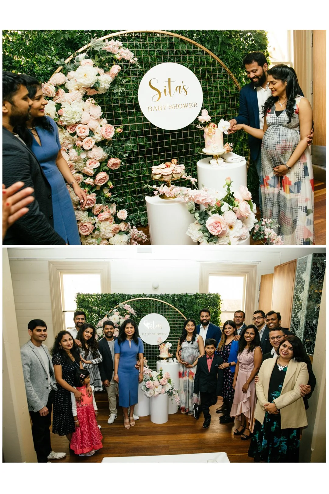 Group of people at a baby shower with floral decorations and a cake.