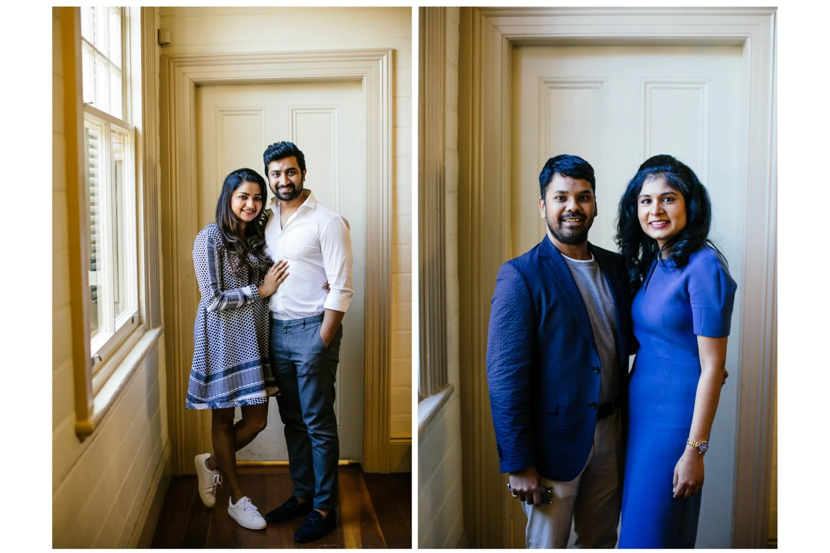 Two pairs of people standing indoors against a cream-colored door and wall. On the left, a woman in a patterned dress and sneakers with a man in a white shirt and gray pants. On the right, a man in a dark blazer and a woman in a blue dress.