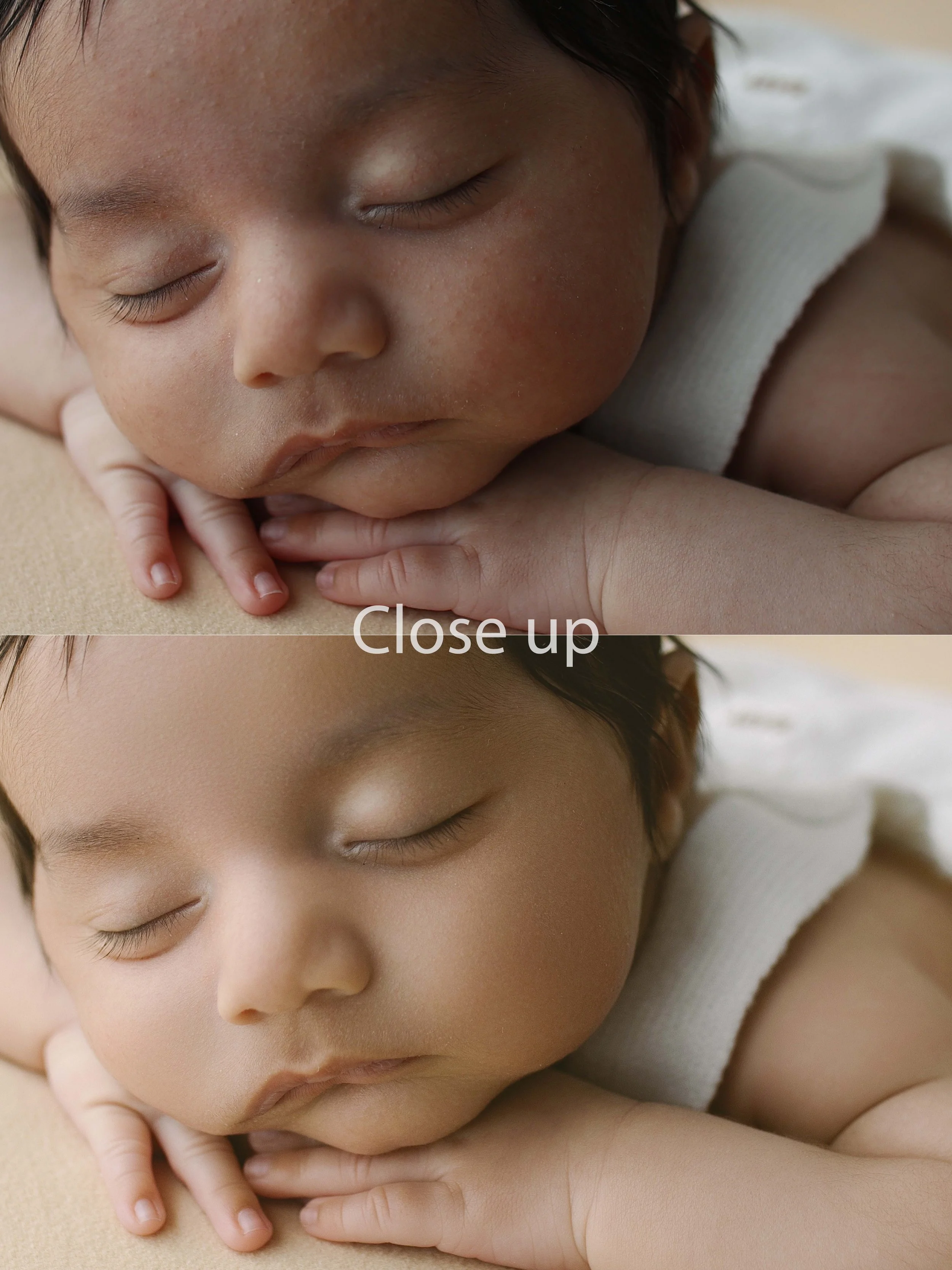 Close-up of a sleeping baby resting their head on their hand on a soft surface, showing detailed facial features and skin texture.
