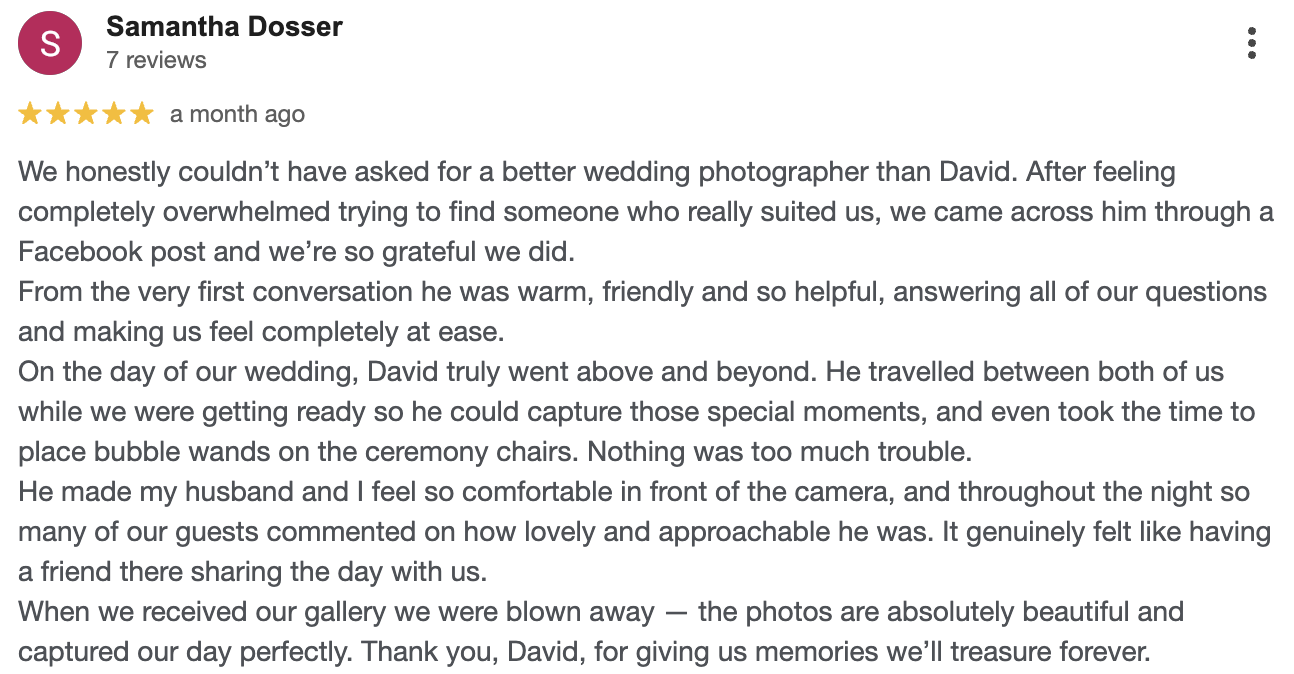 Screenshot of a five-star review by Samantha Doss for a wedding photographer named David, praising his professionalism and capturing beautiful wedding moments.