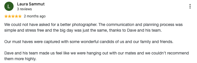 Screenshot of a Google review by Laura Sammut, five-star rating, praising a photographer for excellent communication, planning, and capturing memorable moments with friends and family.