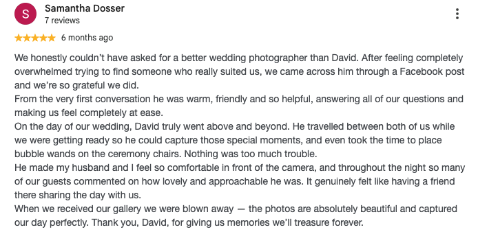 Screenshot of a 5-star review from Samantha Dossser about a wedding photographer, David, praising his professionalism and capturing memorable moments.