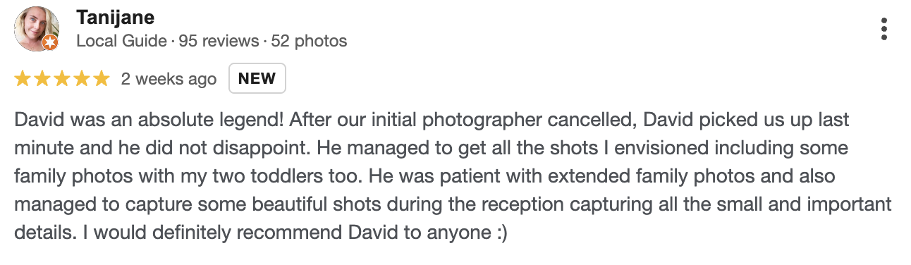 Review about a photographer named David, praising his patience and ability to capture family photos including children and at a reception.