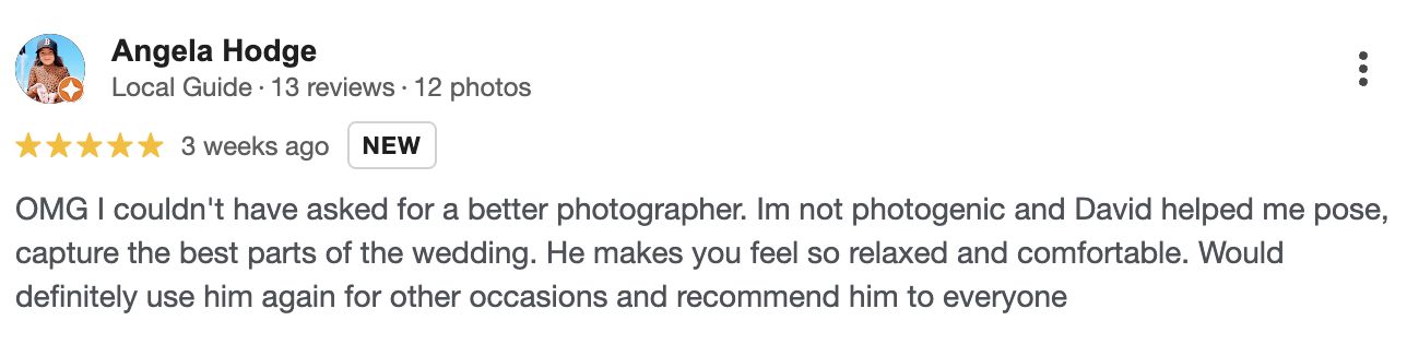 Screenshot of a Google review by Angela Hodge for a photographer, praising their relaxed and professional approach, with a five-star rating.