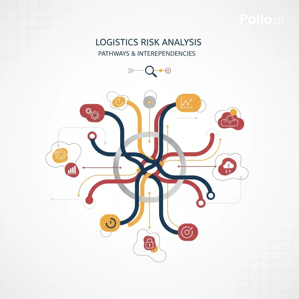 Diagram illustrating logistics risk analysis with interconnected pathways and icons representing various factors such as analytics, security, data management, and performance metrics.