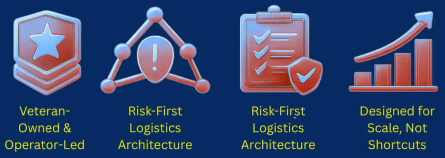 Four infographic icons with descriptions: 1. A shield with a star and the text 'Veteran-Owned & Operator-Led.' 2. A network diagram with an exclamation mark and the text 'Risk-First Logistics Architecture.' 3. A checklist with a shield and the text 'Risk-First Logistics Architecture.' 4. An upward trending bar graph with an arrow and the text 'Designed for Scale, Not Shortcuts.'
