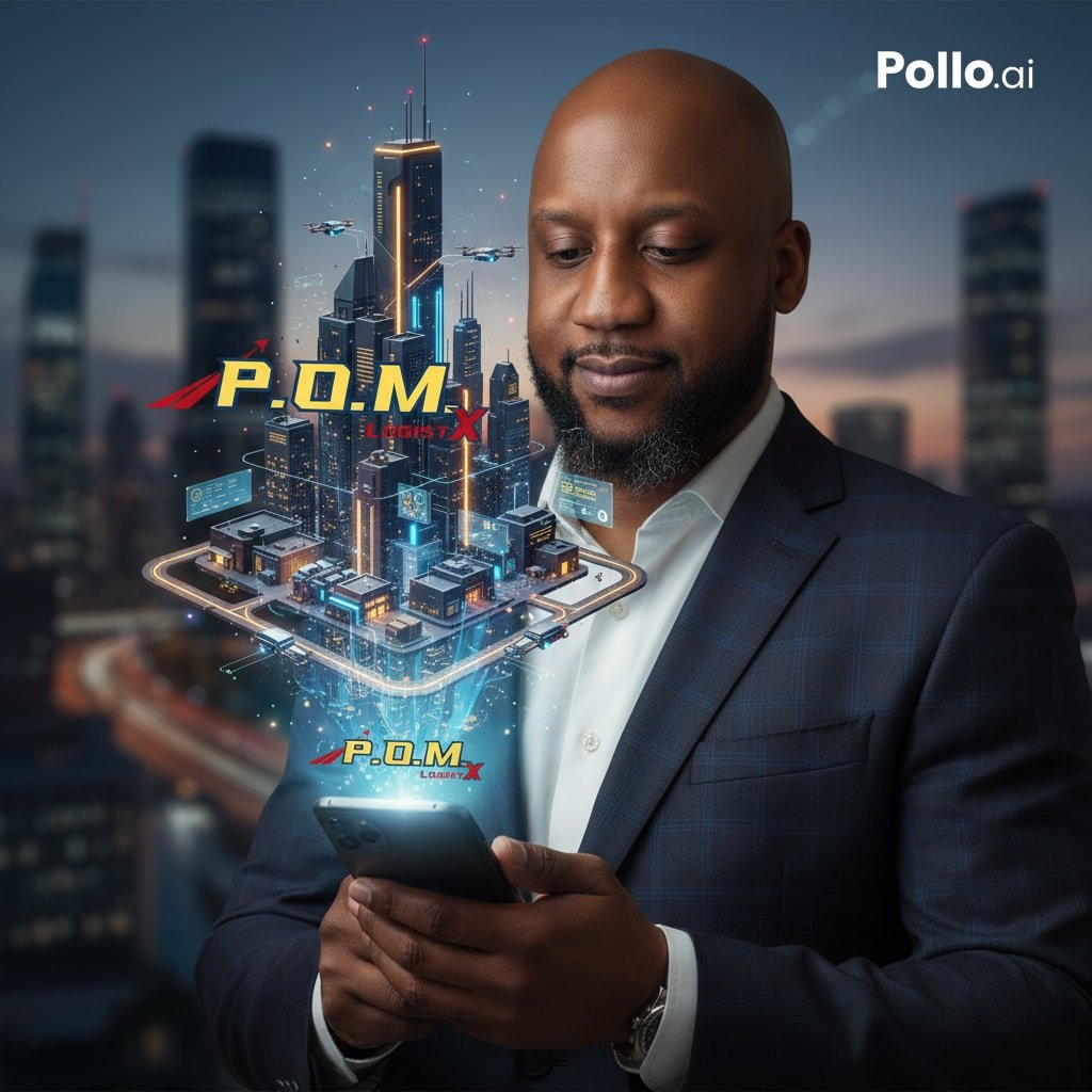 A man in a suit looking at his smartphone with a virtual cityscape and futuristic technology graphics emerging from the phone, including the text 'P.O.M X' and 'Pollo.ai' in the top right corner, set against a city skyline background.