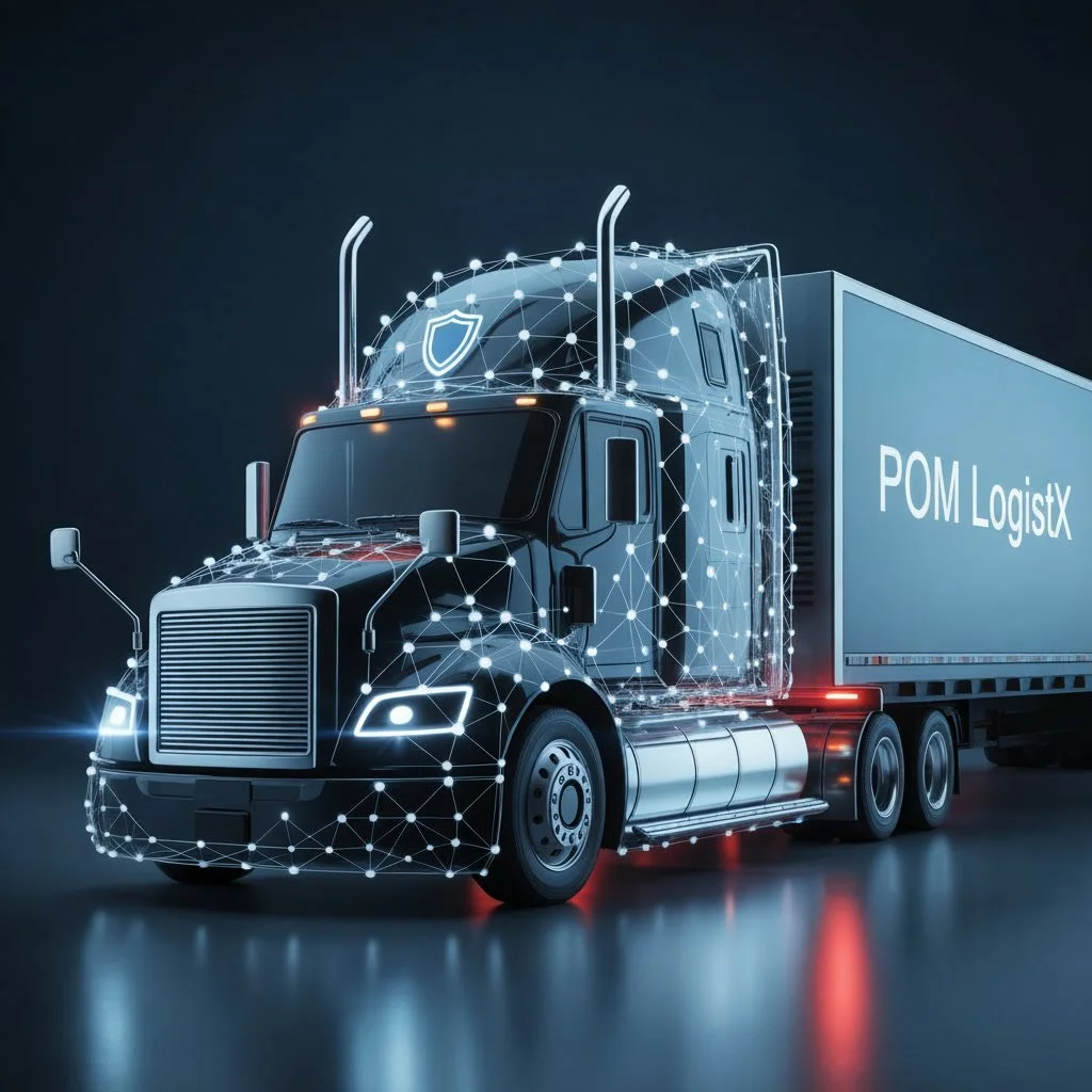 A digital rendering of a semi-truck with the words 'POM LogistX' on the trailer. The truck is depicted with a network of connected points and lines, symbolizing technology and cybersecurity.