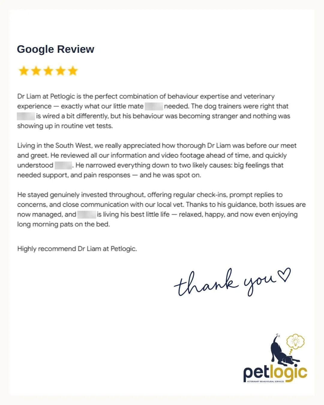 A few really lovely Google reviews have come through recently, and I wanted to take a moment to thank everyone who has supported my work and my small business.

Whether you&rsquo;ve trusted me to help with your pet, recommended Pet Logic to a friend,