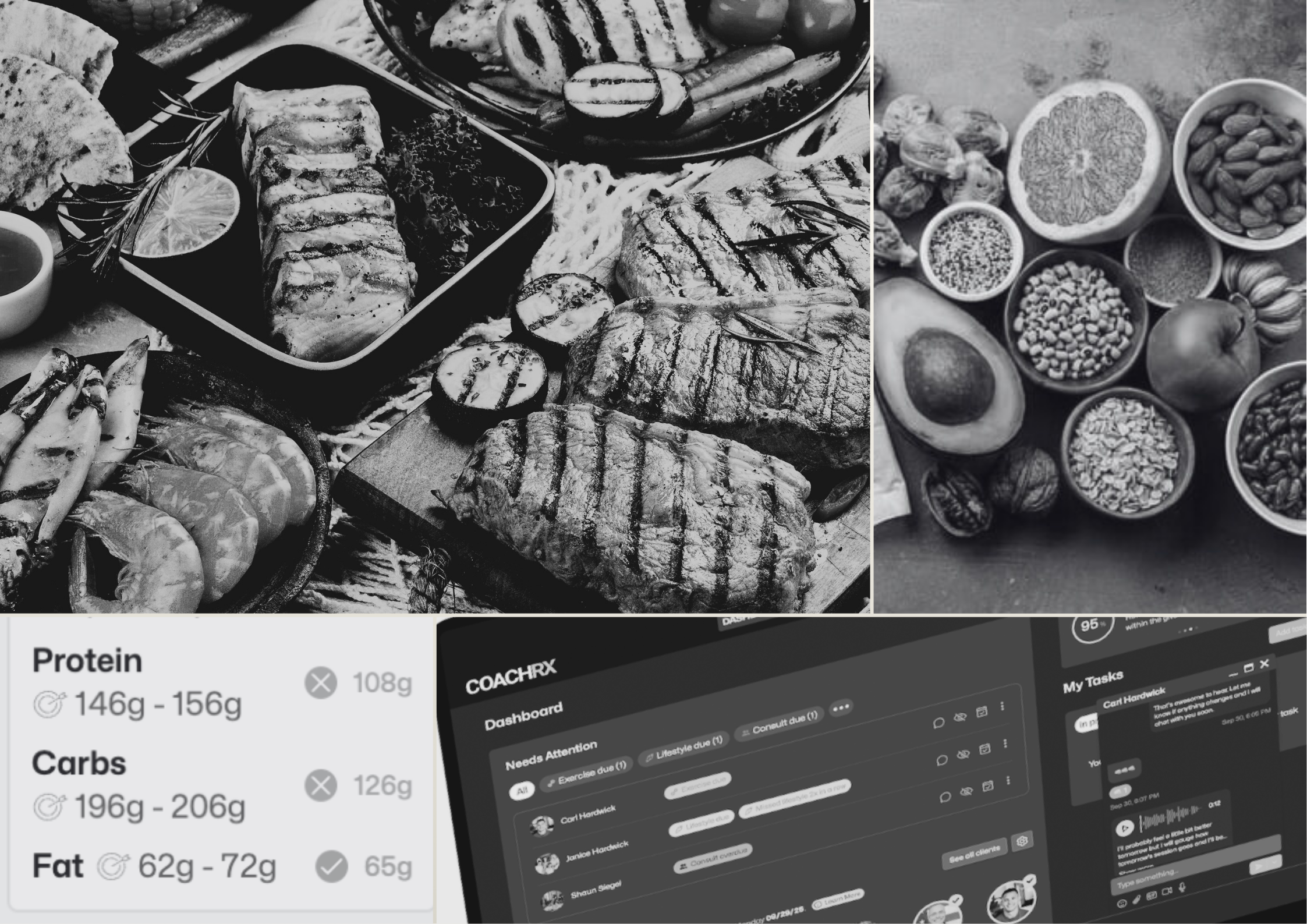 Table with an assortment of foods including grilled meats, sushi, bowls of nuts, fruits, seeds, and various dishes, alongside a digital dashboard with data and a task list.