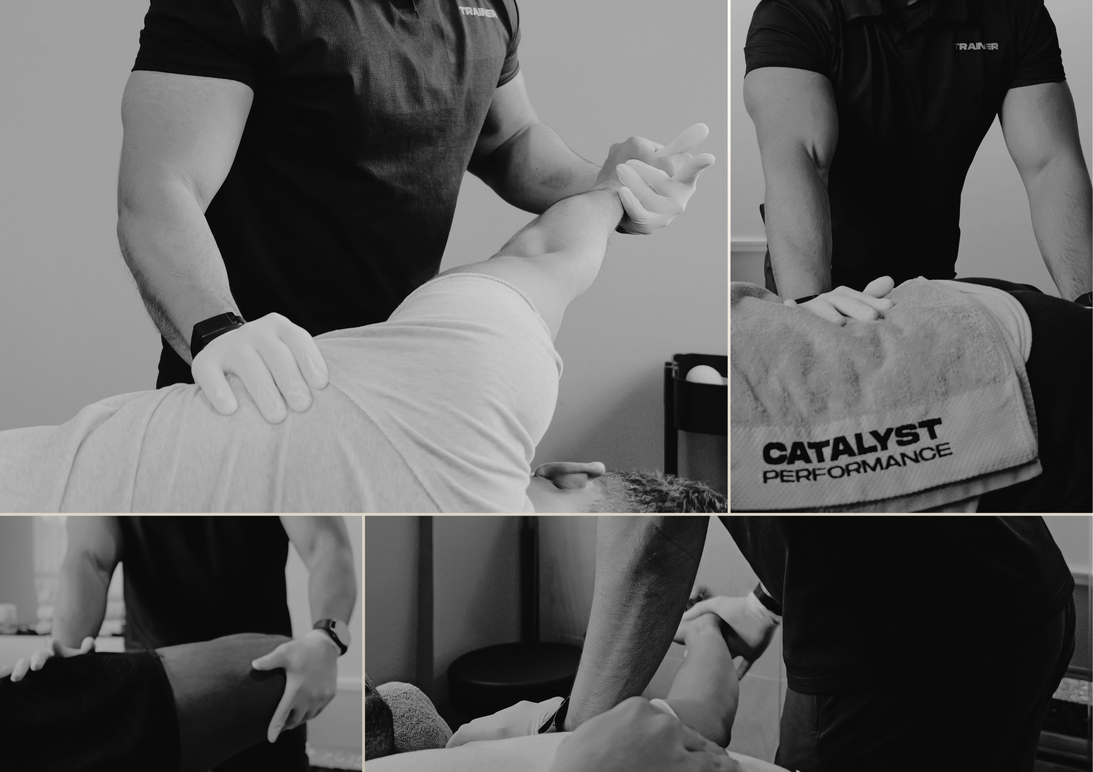 Chiropractors performing physical therapy on patients, including shoulder and leg adjustments in a clinical setting.