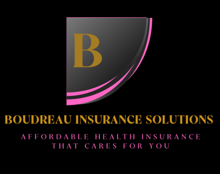 Logo for Boudreau Insurance Solutions with a gold letter B on a black background and pink accents, and the tagline 'Affordable health insurance that cares for you' in pink text.