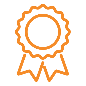 Orange award ribbon with a circular center and two ribbon tails at the bottom.