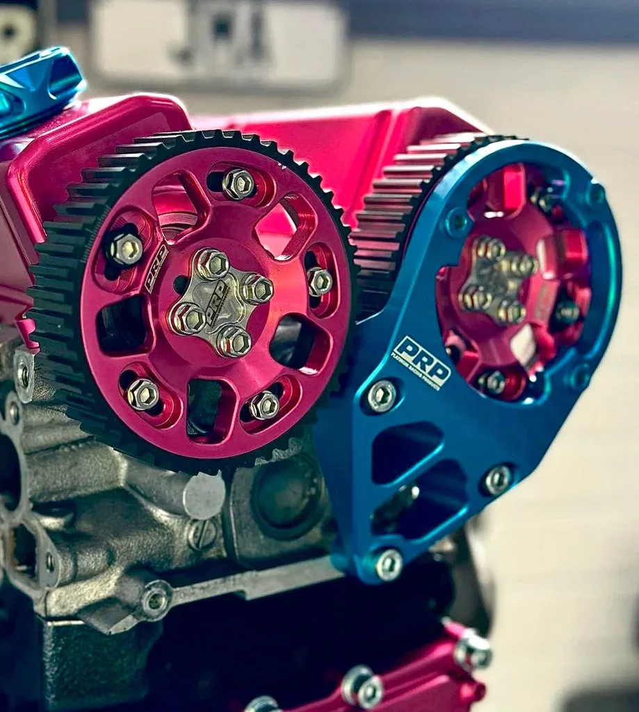 Close-up of pink and blue anodized aluminum race engine accessories, including timing gears and pulleys, attached to a metallic engine block.
