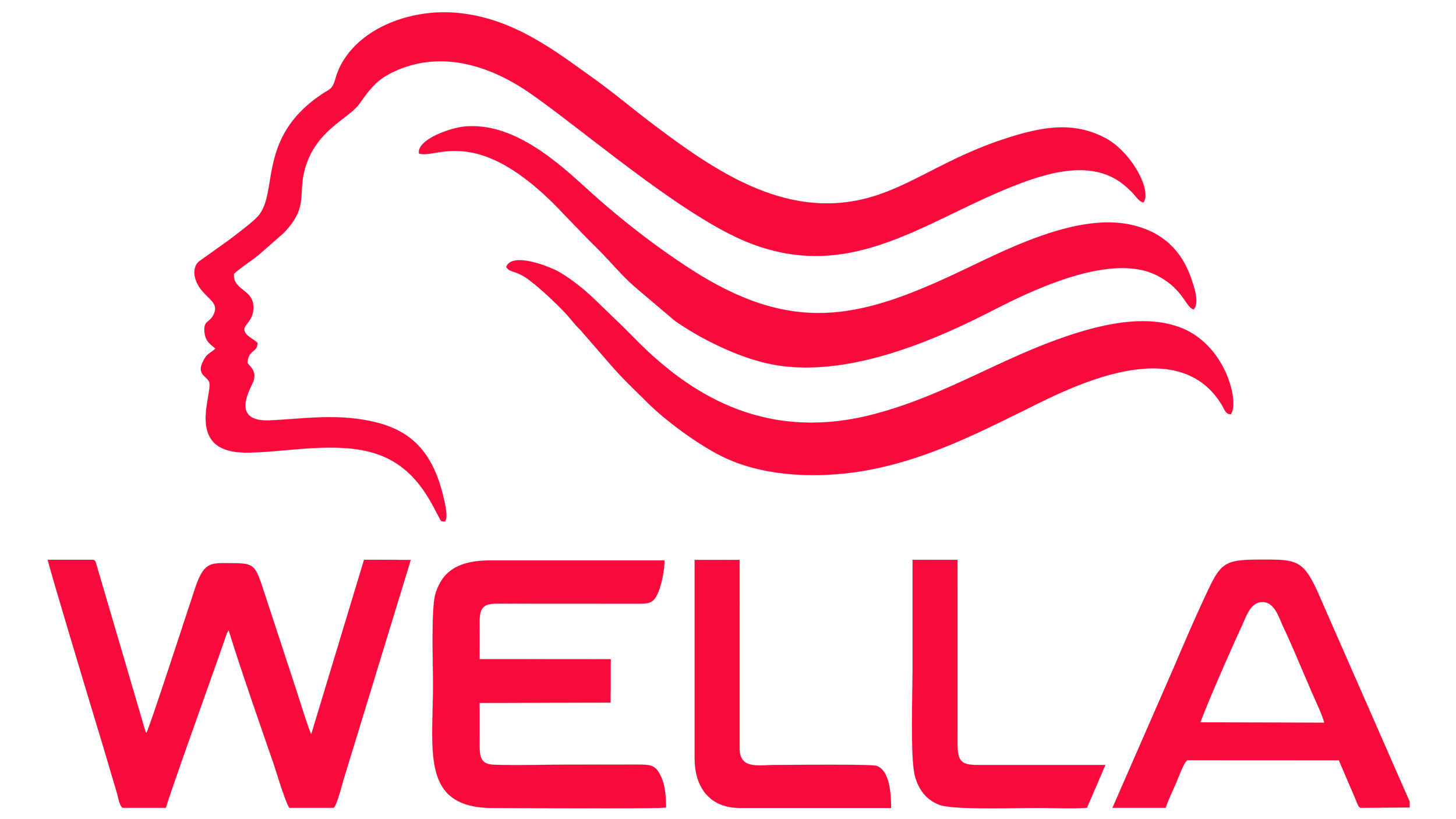 A logo with a stylized side profile of a woman’s face with flowing hair, and the word 'WELLA' underneath in large red letters.