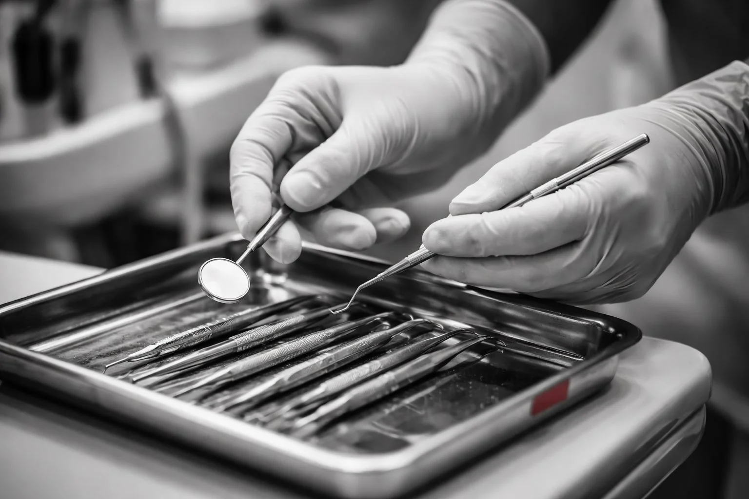 Black and white dental clinic image illustrating oral health precautions for patients taking bisphosphonates or denosumab (Prolia)