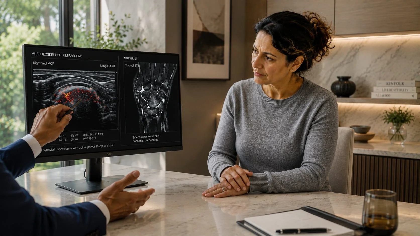 Consultant reviewing anonymised ultrasound and MRI images with a patient during an inflammatory arthritis assessment.