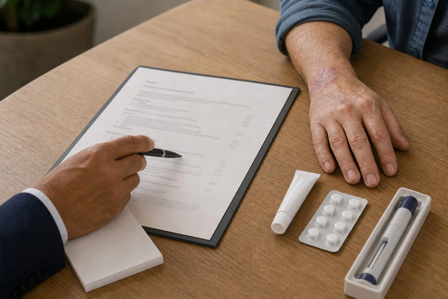 Doctor and patient reviewing a personalised treatment plan with topical, tablet and injectable options.