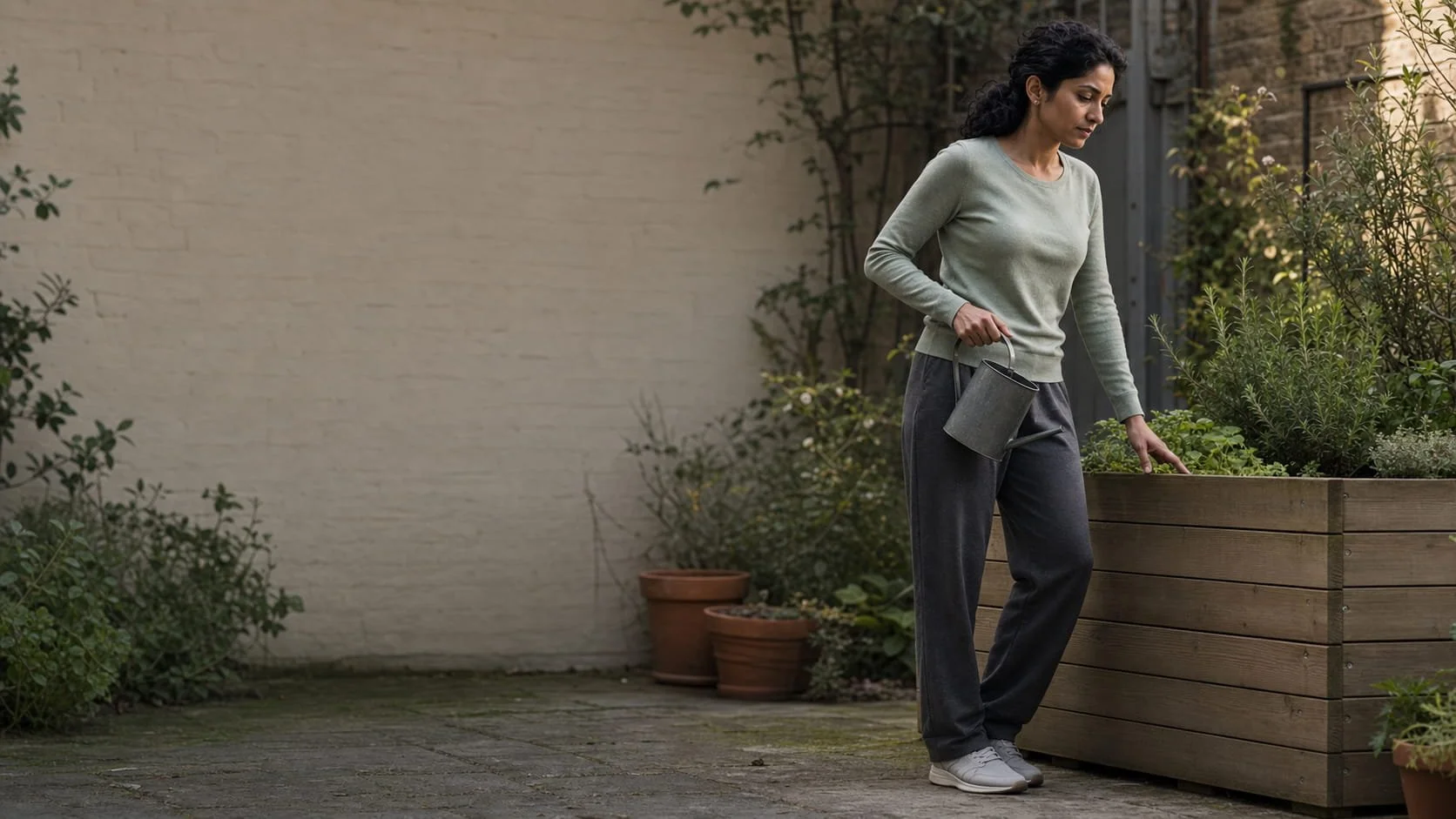 Woman gardening comfortably in a London courtyard while living well with axial spondyloarthritis.