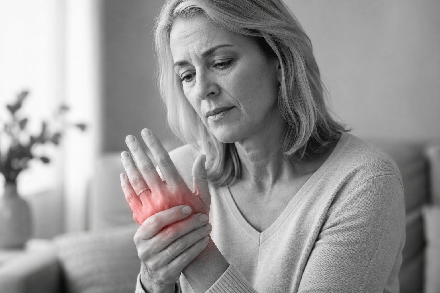 Black-and-white image of a woman in midlife gently holding her hand, representing joint pain and rheumatic symptoms around menopause.